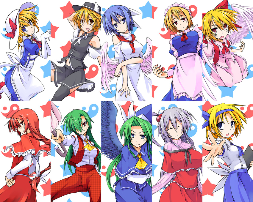 alice_margatroid alice_margatroid_(pc-98) ascot bare_shoulders black_legwear blonde_hair blue_hair book bow breasts capelet elbow_gloves fang gengetsu gloves green_hair hair_bobbles hair_bow hair_ornament hat hemogurobin_a1c kana_anaberal kazami_yuuka kazami_yuuka_(pc-98) large_breasts lavender_hair long_hair mai_(touhou) maid_headdress mima mugetsu multiple_girls okazaki_yumemi pantyhose pointy_ears red_bow red_hair shinki short_hair smile thighhighs touhou touhou_(pc-98) umbrella white_legwear wings wizard_hat yuki_(touhou)