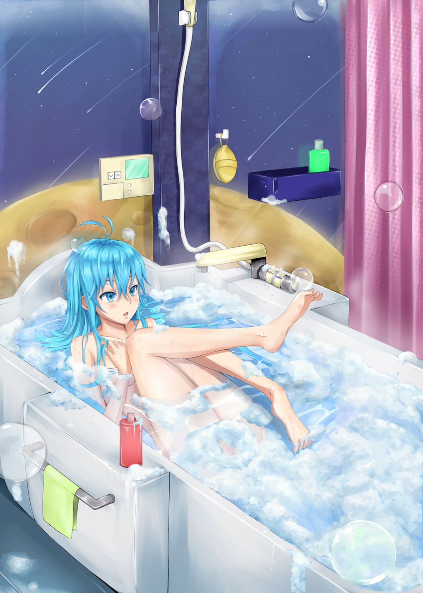 ahoge bad_feet bad_id bad_pixiv_id barefoot bathtub blue_hair bubble denpa_onna_to_seishun_otoko highres irohasu long_hair moon nude solo touwa_erio