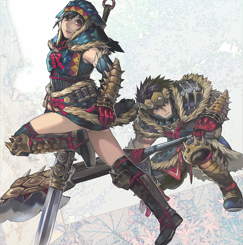 1girl aoin armor arzuros_(armor) axe black_hair blue_eyes boots brown_eyes fur gauntlets highres monster_hunter monster_hunter_portable_3rd short_hair smile switch_axe thighhighs weapon