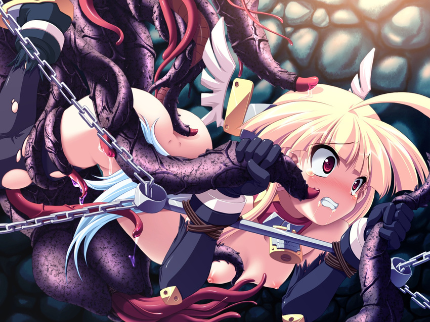 angry blonde bondage breast_squeeze chain clenched_teeth collar lock oppai oshiri pettanko raep red_eyes restraints spreader_bar tentacles torn_clothes