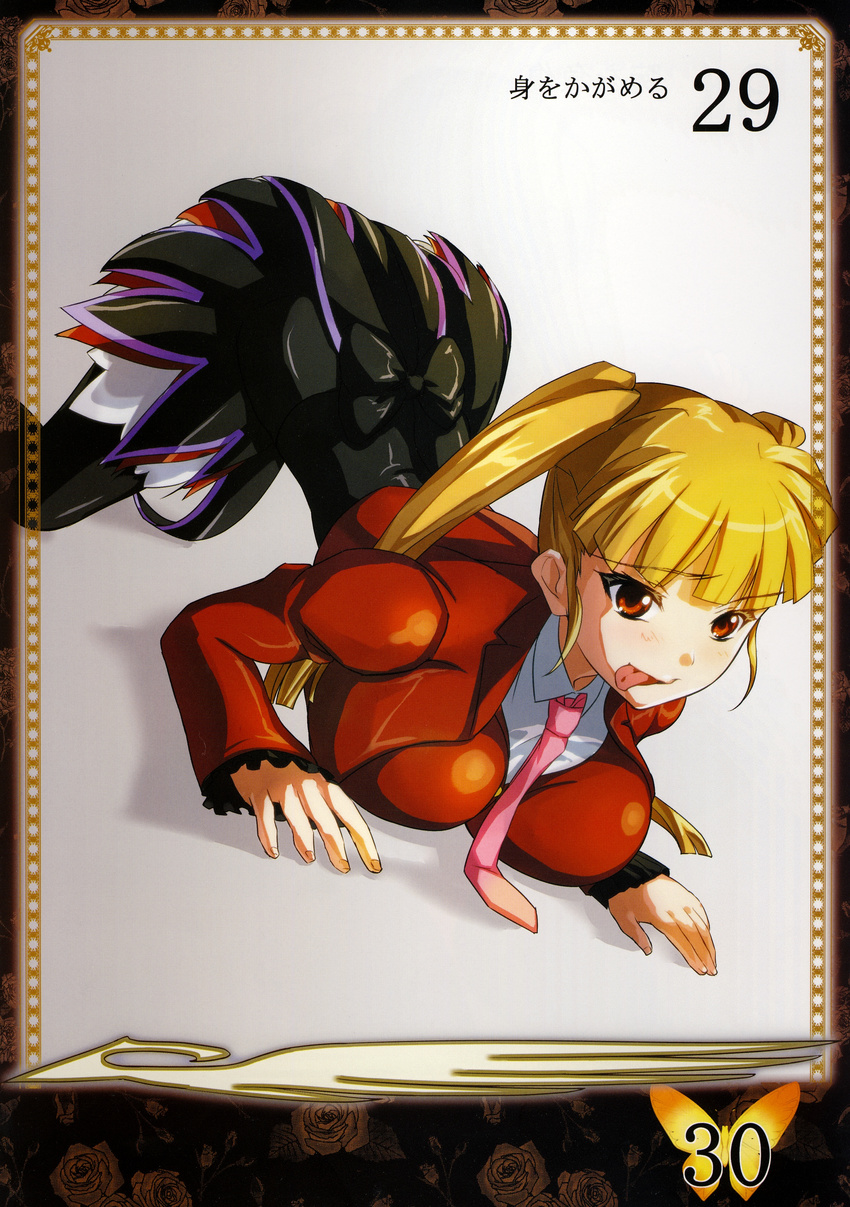 absurdres all_fours asmodeus ass blonde_hair highres necktie nimu parody queen's_blade red_eyes solo stakes_of_purgatory thighhighs thighs tongue twintails umineko_no_naku_koro_ni