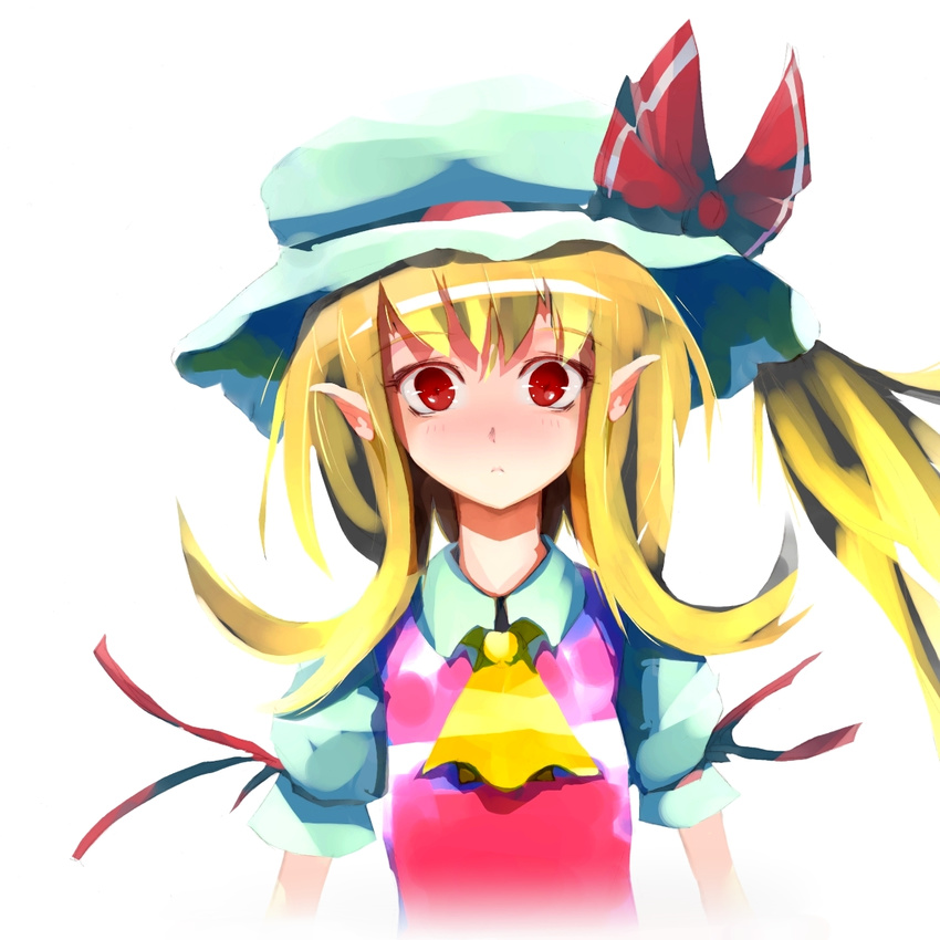 ascot blonde_hair blush bow flandre_scarlet hat highres open_mouth pointy_ears red_eyes short_hair side_ponytail solo tatwuku touhou upper_body