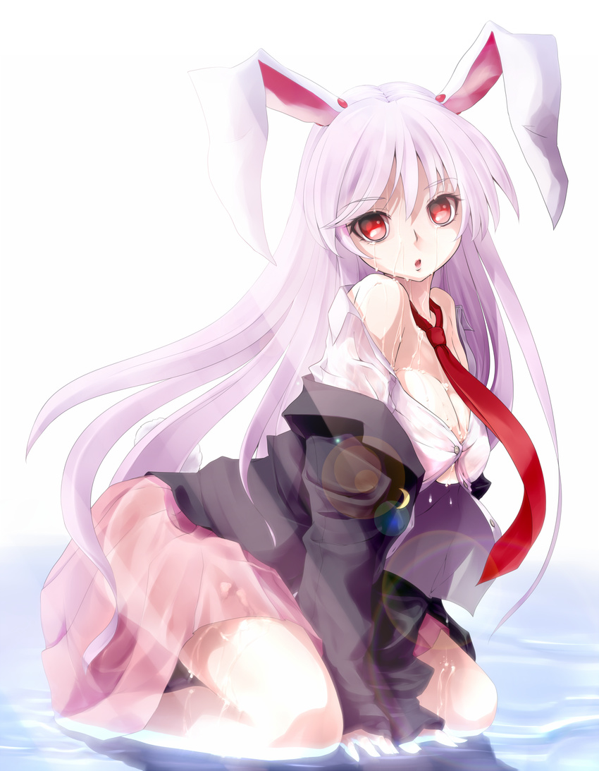 all_fours animal_ears bad_id bad_pixiv_id blazer breasts bunny_ears bunny_tail cleavage colorized highres jacket lavender_hair lens_flare long_hair medium_breasts miniskirt mizusaki_(tengoku) nikka_(cryptomeria) no_bra pleated_skirt red_eyes reisen_udongein_inaba see-through skirt sleeves_past_wrists solo tail touhou unbuttoned v_arms very_long_hair water wet wet_clothes