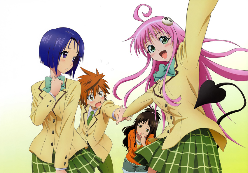 3girls absurdres blush bow bowtie brown_eyes brown_hair demon_tail green_eyes hair_ornament highres holding_hands kobayashi_chizuru lala_satalin_deviluke long_hair multiple_girls necktie official_art open_mouth peke pink_hair plaid plaid_skirt purple_eyes purple_hair sairenji_haruna scan school_uniform short_hair shorts skirt smile tail to_love-ru yuuki_mikan yuuki_rito