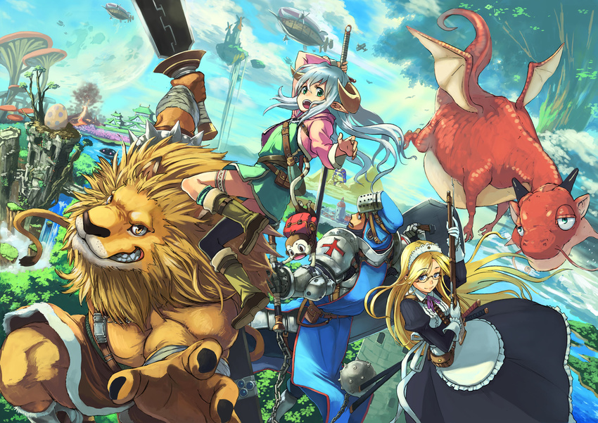 2girls animal armor bag blonde_hair blue_hair dragon fantasy glasses green_eyes gun highres horns igarashi_youhei lion maid monkey multiple_girls original sword weapon