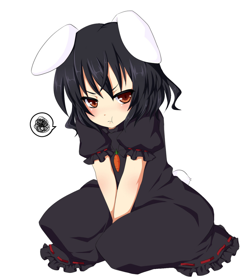 :t alternate_color animal_ears black_dress black_hair blush bunny_ears bunny_tail carrot dress highres inaba_tewi jewelry pendant pout red_eyes short_hair simple_background sitting solo squiggle tail touhou v_arms yami_nabe