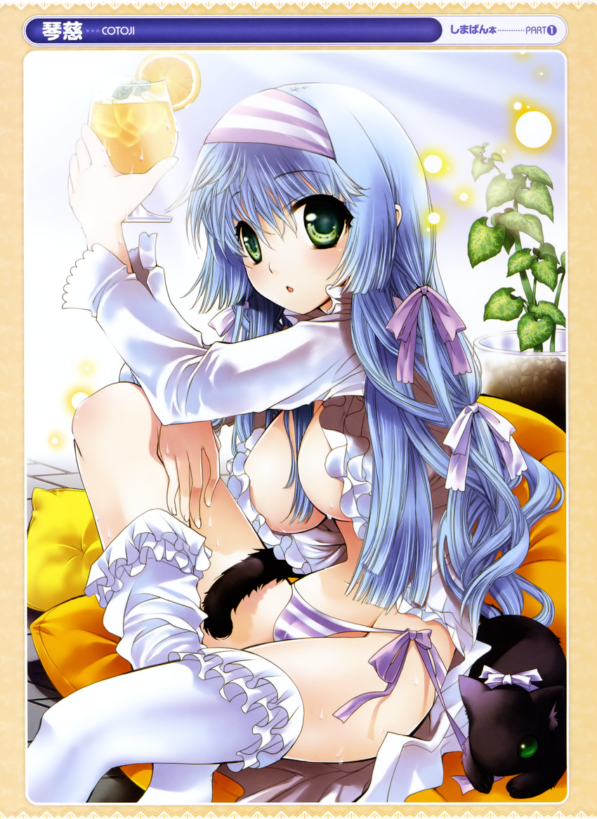 absurdres blue_hair breasts cat copyright_request dress drink food frilled_legwear fruit green_eyes hair_ribbon hairband highres kotoji large_breasts no_bra open_clothes open_shirt orange panties pillow plant purple_panties ribbon shirt side-tie_panties sitting striped striped_panties thighhighs underwear white_legwear