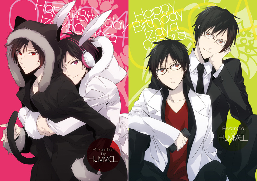 alternate_color animal_ears animal_hood bad_id bad_pixiv_id black_hair bunny_ears casual cat_hood coat durarara!! formal frown fur_trim glasses headphones hood hug hug_from_behind male_focus multiple_boys multiple_persona orihara_izaya red_eyes simple_background smile suit tail xia_(ryugo)