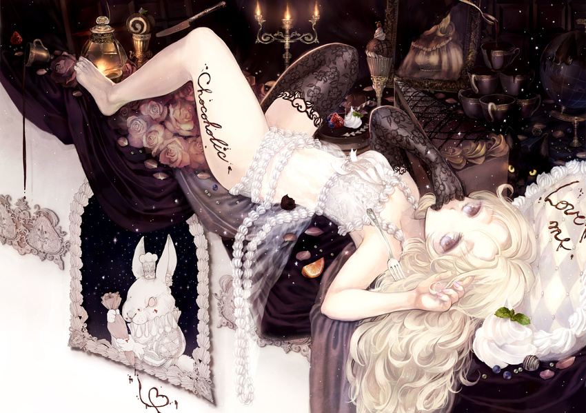 asymmetrical_clothes bad_id bad_pixiv_id barefoot blonde_hair blueberry bunny cake candle cat chef chocolate cream cup elbow_gloves english face feet fingernails flat_chest flower food fork frame fruit globe gloves hands hat highres ice_cream knife lace lace_gloves lace_legwear lingerie long_hair lying namari_iro on_back original petals photo_(object) pie pink_flower pink_rose plant purple_eyes rose single_elbow_glove single_glove single_thighhigh solo spilling spoon strawberry thighhighs toenails underwear valentine wavy_hair