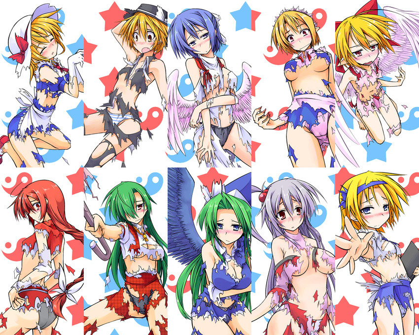 alice_margatroid alice_margatroid_(pc-98) ascot bare_shoulders black_panties blonde_hair blue_hair blush book bow breast_hold breasts breasts_apart capelet cleavage elbow_gloves gengetsu gloves green_hair hair_bobbles hair_bow hair_ornament hat hemogurobin_a1c kana_anaberal kazami_yuuka kazami_yuuka_(pc-98) large_breasts lavender_hair long_hair mai_(touhou) maid_headdress mima mugetsu multiple_girls okazaki_yumemi panties pink_panties red_bow red_hair shinki short_hair smile striped striped_panties torn_clothes touhou touhou_(pc-98) umbrella underwear wings wizard_hat yuki_(touhou)