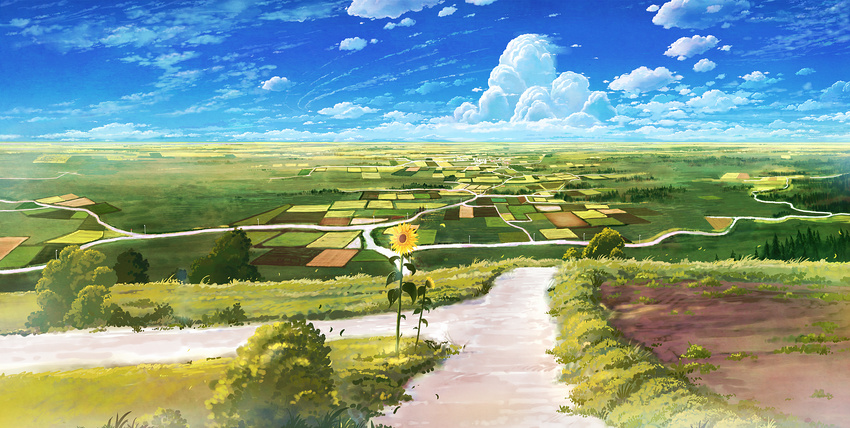 cloud cola_(gotouryouta) day field flower grass highres landscape long_image nature no_humans original road rural scenery sky sunflower tree wide_image