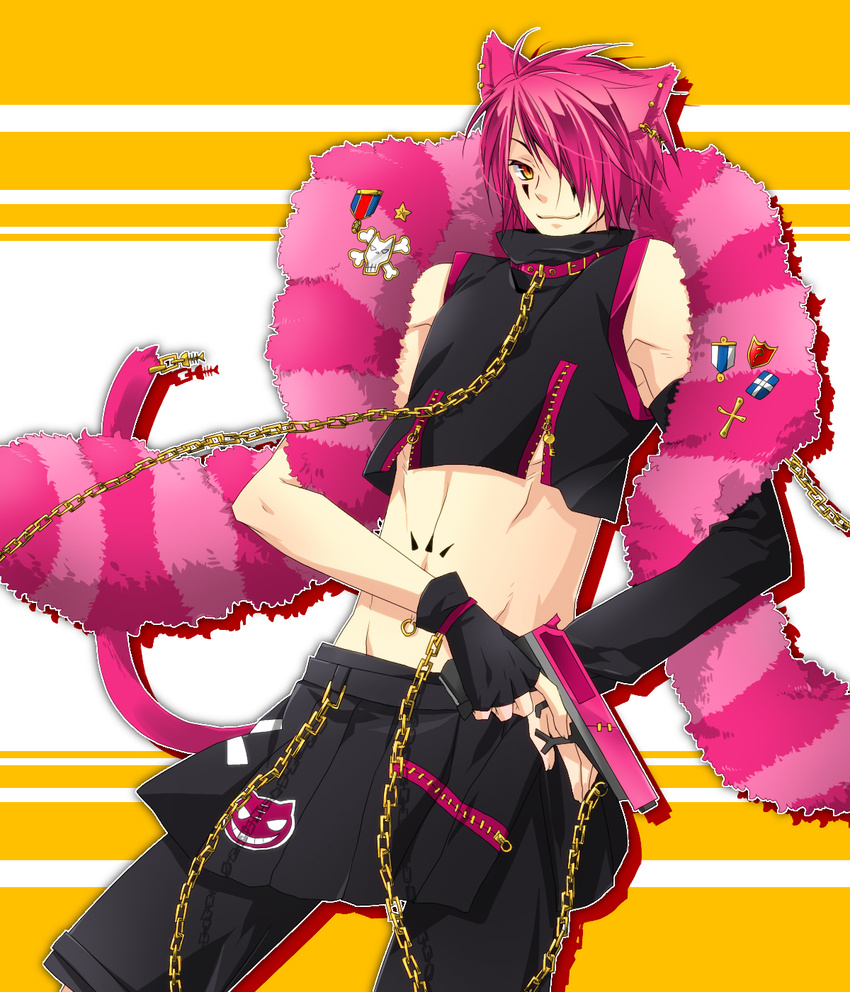 akizuki_(edss) animal_ears bad_proportions badge bangs boris_airay cat_ears cat_tail catboy chain collar earrings feather_boa fingerless_gloves gloves gun hair_over_one_eye hand_on_hip heart_no_kuni_no_alice highres jewelry male_focus midriff outline pants pink_hair shirt sleeveless sleeveless_shirt smile solo tail tattoo weapon yellow_eyes zipper