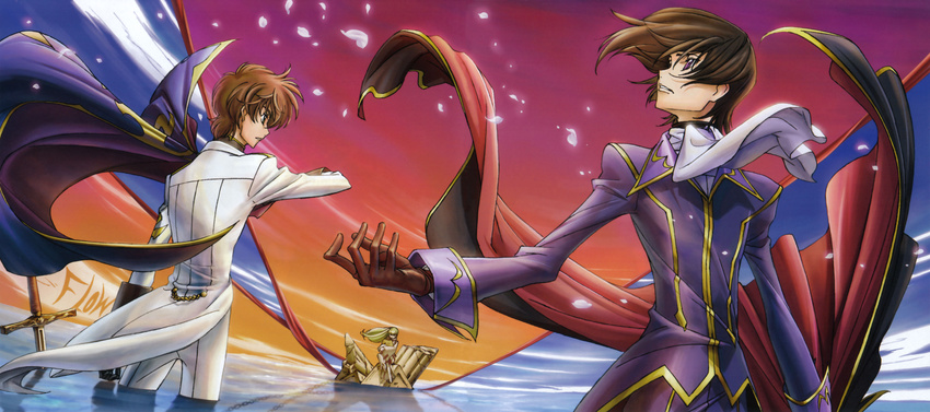 2boys absurdres back brown_hair c.c. cape cheese-kun chiba_yuriko code_geass green_hair highres knights_of_the_round_uniform kururugi_suzaku lelouch_lamperouge multiple_boys petals pizza_hut purple_eyes sword weapon