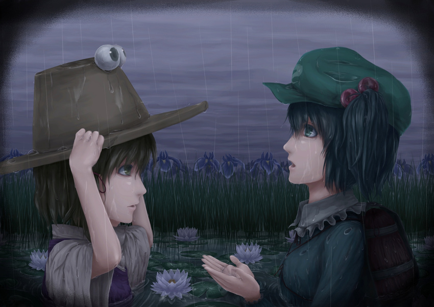 backpack bad_id bad_pixiv_id bag blue_eyes blue_hair brown_eyes brown_hair dark flower hair_bobbles hair_ornament hat highres iris_(flower) kawashiro_nitori lif lily_(flower) lily_pad moriya_suwako multiple_girls partially_submerged profile rain short_hair touhou two_side_up water