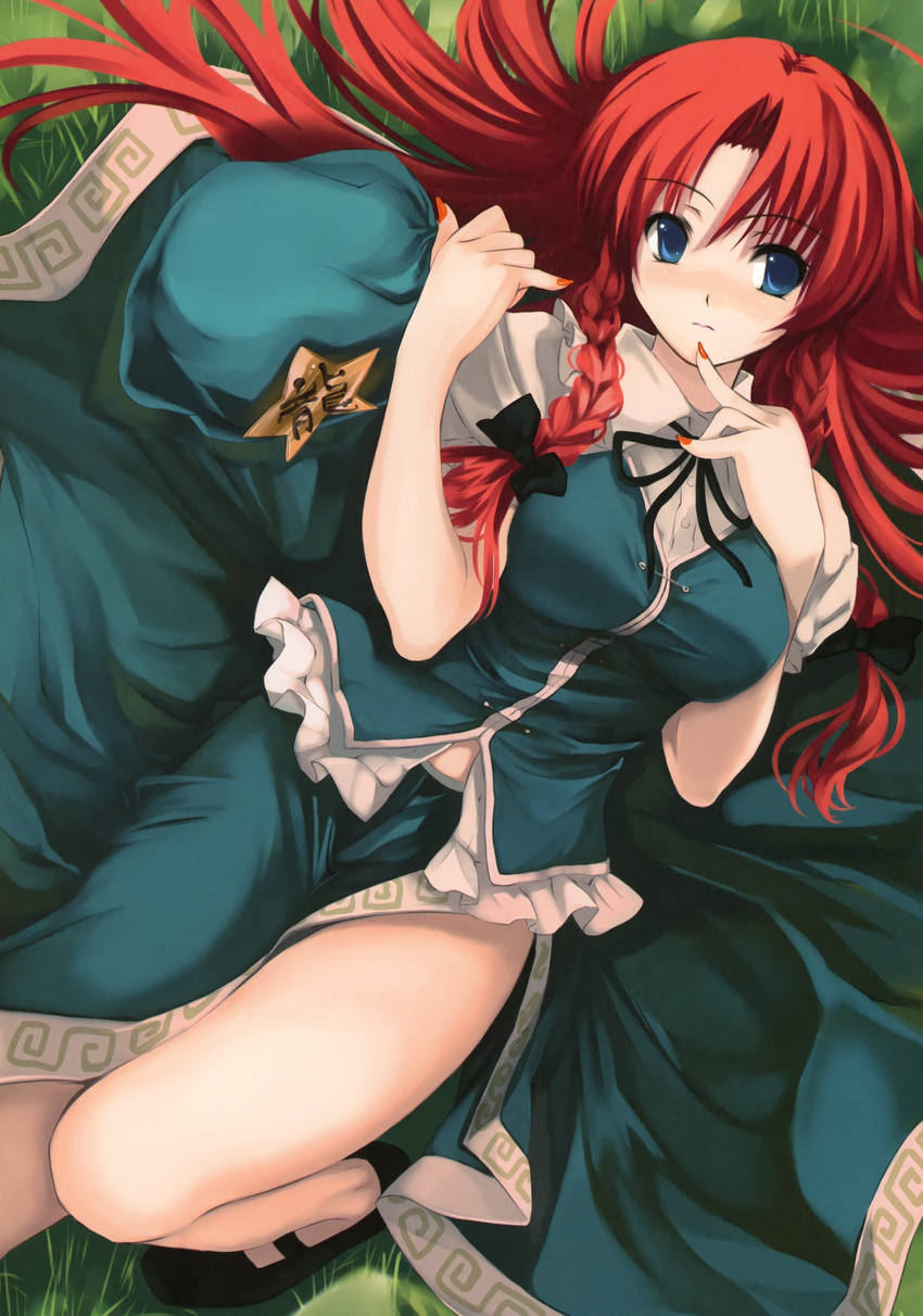 absurdres blue_eyes blush braid china_dress chinese_clothes cradle_(artist) dress from_above hair_ribbon hat hat_removed headwear_removed highres hong_meiling legs long_hair lying misaki_kurehito nail_polish on_back orange_nails red_hair ribbon shoes side_slit solo touhou twin_braids