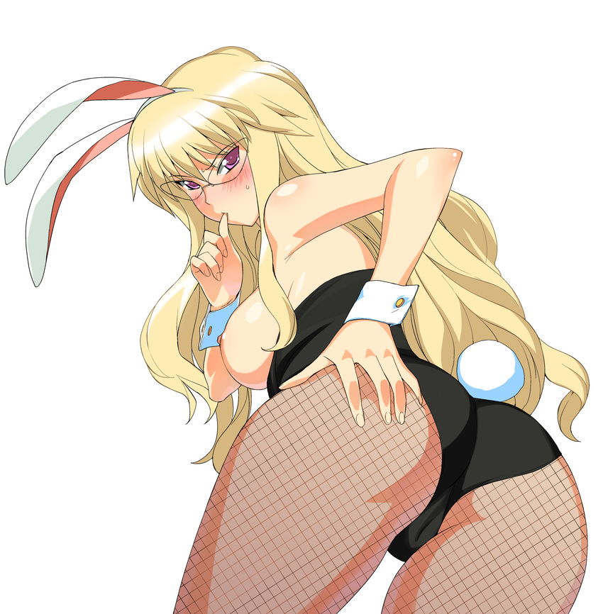 a1 absurdres animal_ears ass blonde_hair blush breasts bunny_ears bunny_girl bunnysuit eleanor_albertine_le_blanc_de_la_blois_de_la_valliere fishnet_pantyhose fishnets glasses highres large_breasts long_hair nipples pantyhose pink_eyes solo zero_no_tsukaima