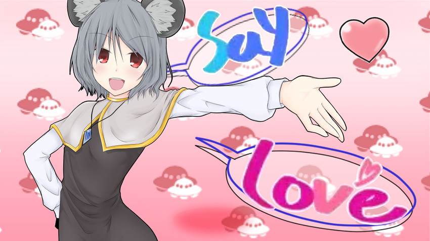 animal_ears dancing ebi_senbei flying_saucer hand_on_hip heart jewelry lyrics maru-toku_series mouse_ears nazrin open_mouth outstretched_arm pendant red_eyes short_hair silver_hair solo space_craft teeth touhou ufo