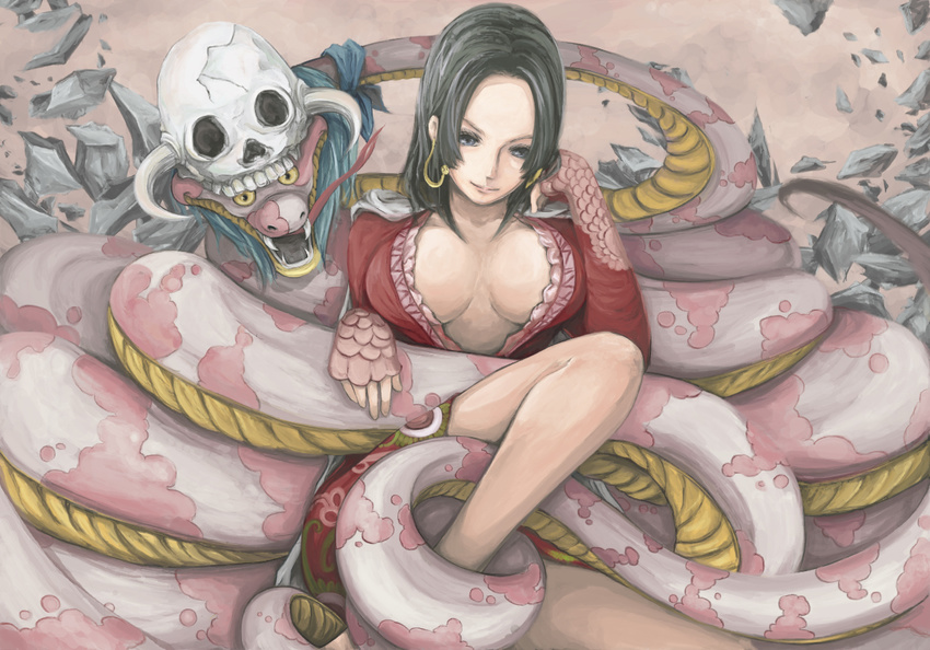 amazon black_hair boa_hancock breasts cleavage dress earrings jewelry large_breasts one_piece open_clothes open_dress ripu_(vincecarter) salome_(one_piece) sitting skull smile snake snake_bondage snake_earrings solo