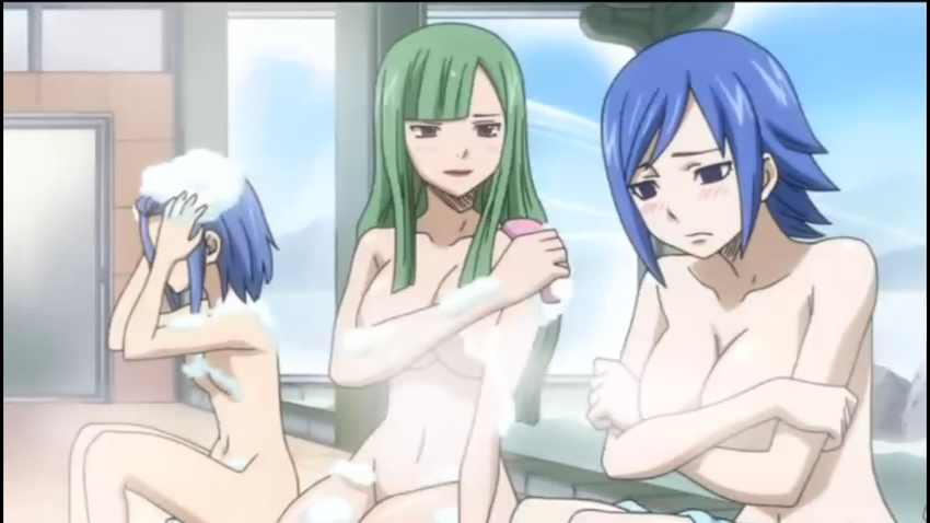 bath bisca_mulan blue_eyes blue_hair bottomless breasts brown_eyes bubbles cap cleavage fairy_tail green_hair juvia_loxar legs levy_mcgarden multiple_girls navel nude sitting soap steam topless