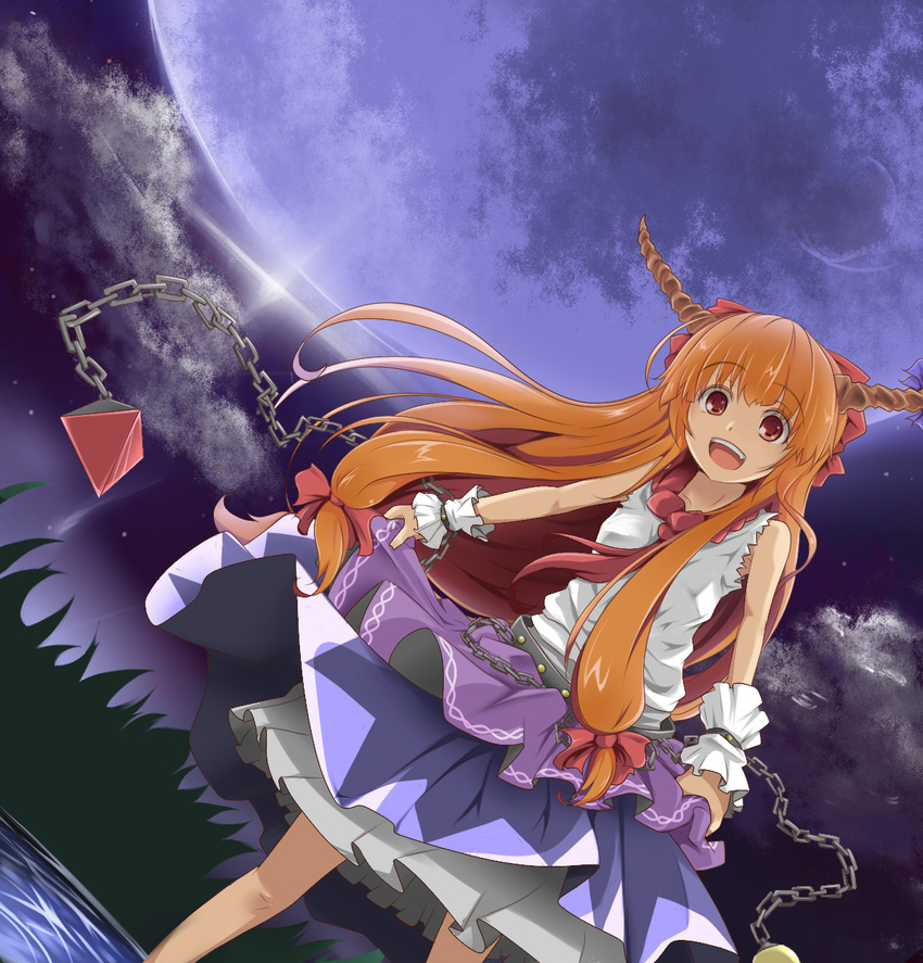 :d bare_shoulders belt blue_moon bow chain dutch_angle fukunaga_kazuhiro full_moon hair_bow highres horns ibuki_suika long_hair moon open_mouth orange_hair red_eyes skirt skirt_hold smile solo standing touhou wrist_cuffs