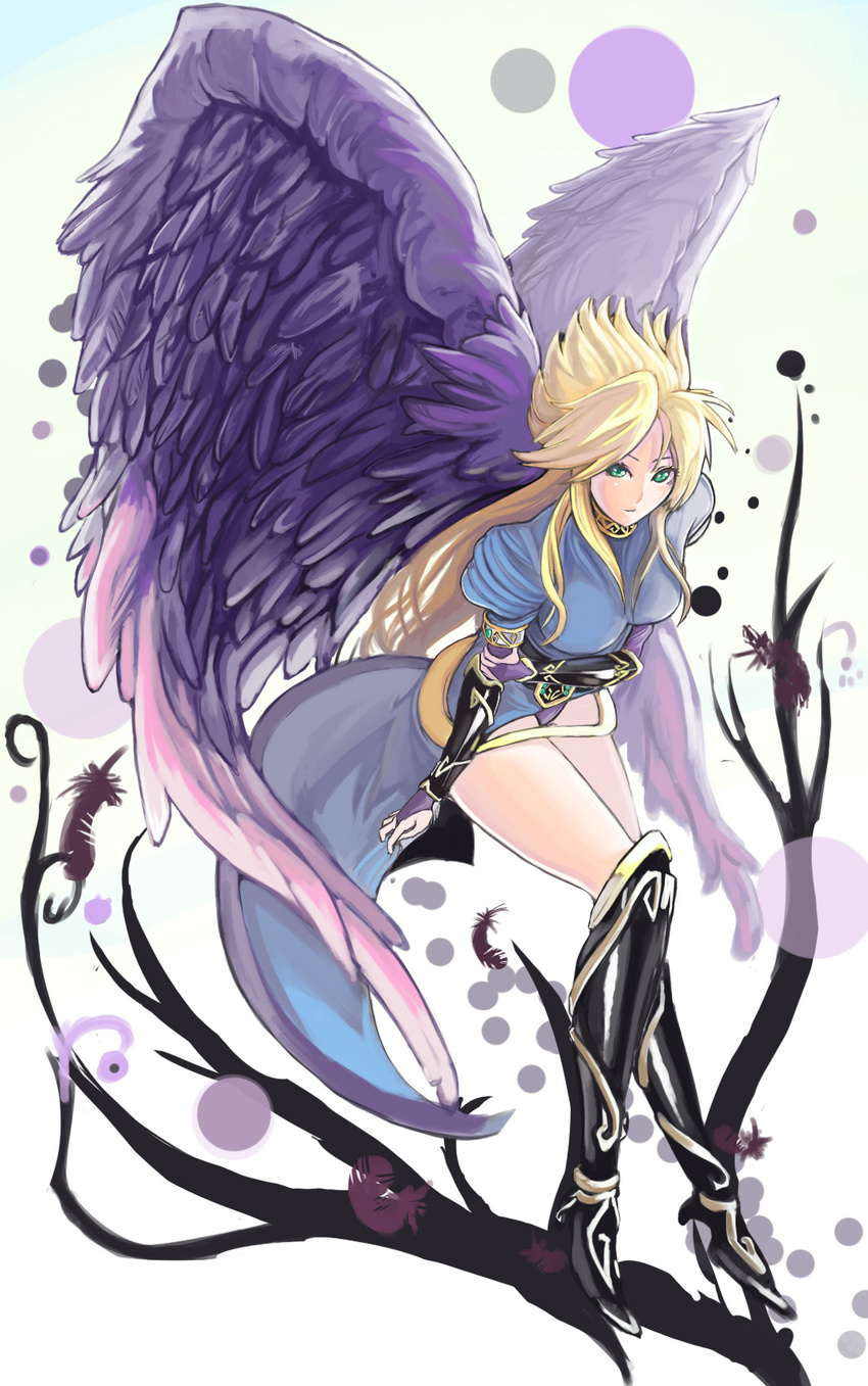 angel_wings bad_id bad_pixiv_id blonde_hair boots breath_of_fire breath_of_fire_ii bridal_gauntlets feathers gauntlets gloves green_eyes highres knee_boots large_wings legs long_hair long_legs nina_(breath_of_fire_ii) panties pantyshot poroppo purple_wings side_slit solo thighs underwear wings