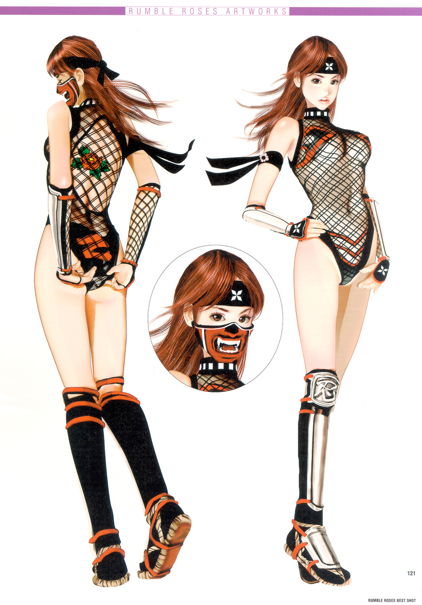 benikage brown_hair fishnets hairband ninja rumble_roses shitapai tattoo