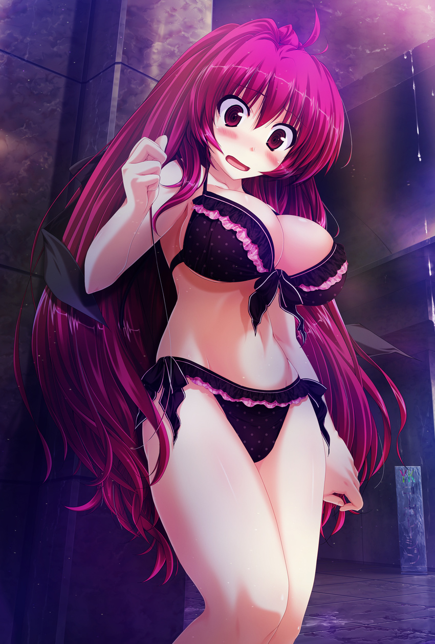 1girl bikini blue_eyes blush bra breasts brown_hair cleavage embarrassed game_cg highres kamikaze_explorer kamikaze_explorer! large_breasts legs long_hair open_mouth oshiki_hitoshi panties pink_hair red_eyes red_hair solo swimsuit thighs underwear underwear_only very_long_hair yuutenji_mishio