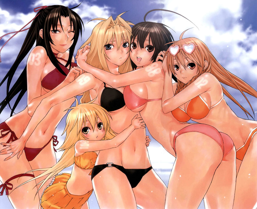 5girls blonde blue_eyes brown_eyes brown_hair dark_skin mizugi summer sunglasses tagme tanlines tanned