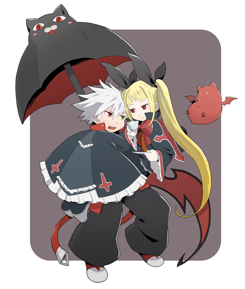 1girl :3 :o animal_themed_umbrella bad_id bad_pixiv_id black_pants black_umbrella blazblue blonde_hair bow carrying chiyomaru couple creature cross cup dress full_body gii green_eyes hair_ribbon heel-less_platform_footwear hetero heterochromia highres long_hair nago pants platform_footwear princess_carry rachel_alucard ragna_the_bloodedge red_bow red_eyes ribbon shawl shoes smile spiked_hair sweat teacup twintails umbrella white_hair