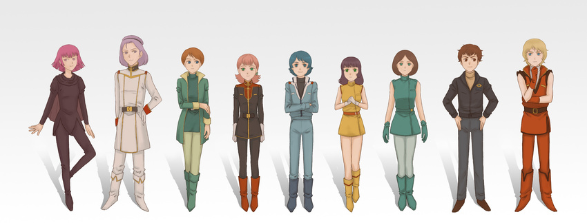 char_aznable emma_sheen everyone fa_yuiry gloves gradient gradient_background gundam haman_karn highres kamille_bidan long_image paptimus_scirocco quattro_bajeena quattro_vageena reccoa_londe sarah_zabiarov uniform wide_image zeta_gundam