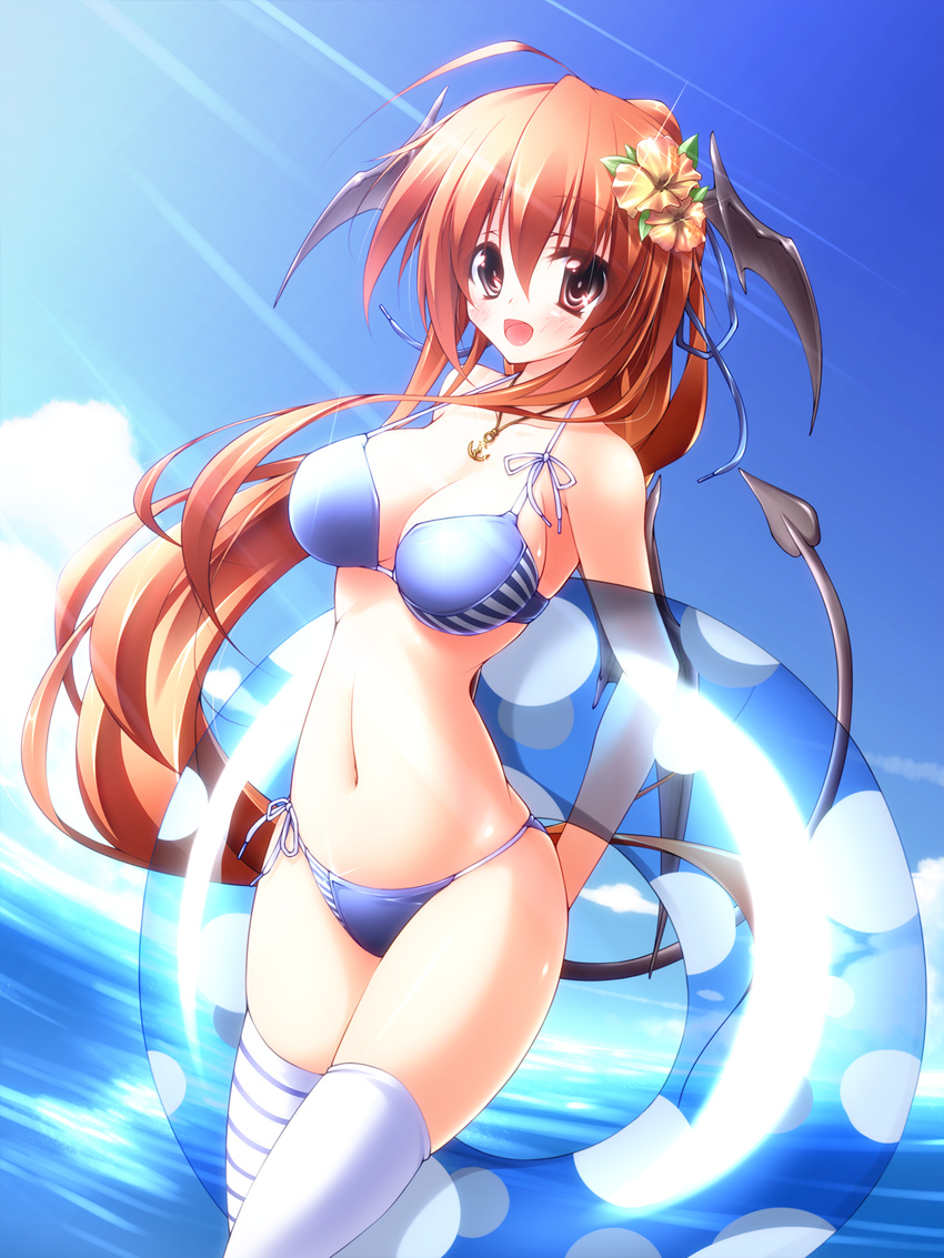 asymmetrical_clothes bat_wings bikini breasts brown_hair demon_tail flower hair_flower hair_ornament head_wings hibiscus highres innertube koakuma large_breasts long_hair midoriiro_no_shinzou open_mouth red_eyes red_hair side-tie_bikini solo swimsuit tail thighhighs touhou water wings