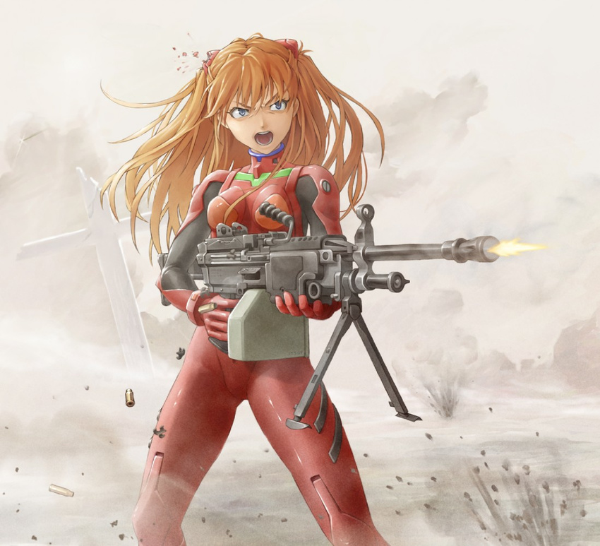angry battle bodysuit female machine_gun neon_genesis_evangelion plugsuit red_hair screaming solo souryuu_asuka_langley weapon