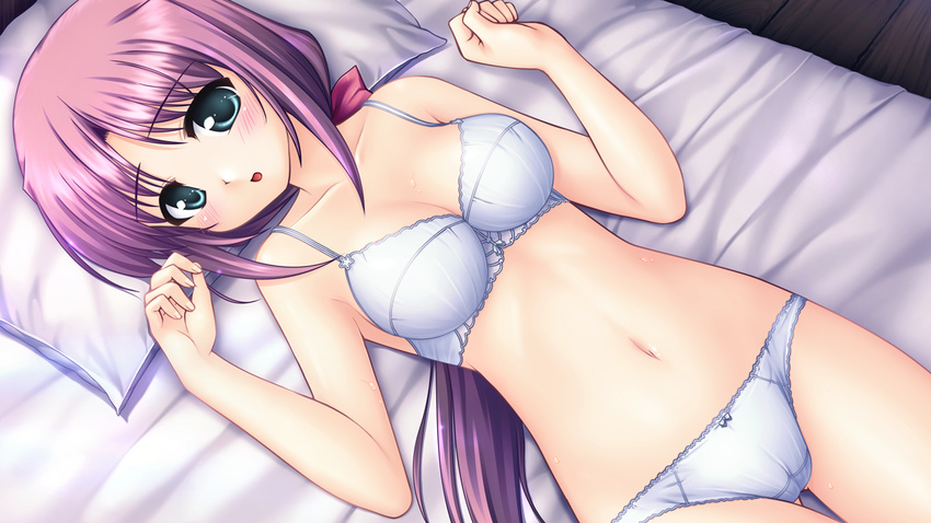 aiyoku_no_eustia bed bekkankou blush bra game_cg panties purple_hair tagme_(character) underwear