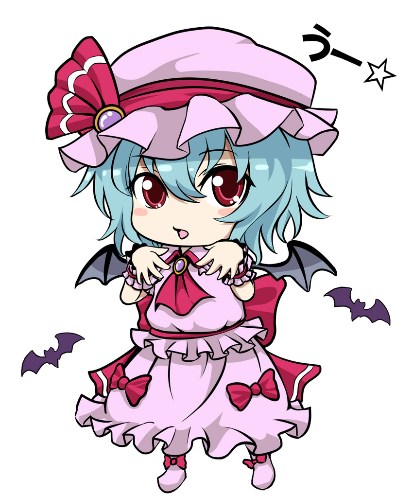 arms_up ascot bad_id bad_pixiv_id bat bat_wings blue_hair blush_stickers chibi dress highres kazabana_fuuka open_mouth pink_dress red_eyes remilia_scarlet short_hair solo touhou wings wrist_cuffs