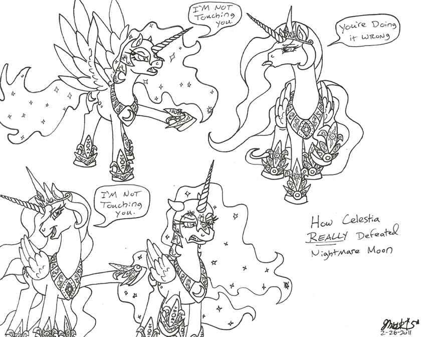 alicorn cutie_mark equine female feral friendship_is_magic horn horse mammal monochrome my_little_pony nightmare_moon_(mlp) not_touching_you pony princess_celestia_(mlp) unknown_artist winged_unicorn wings