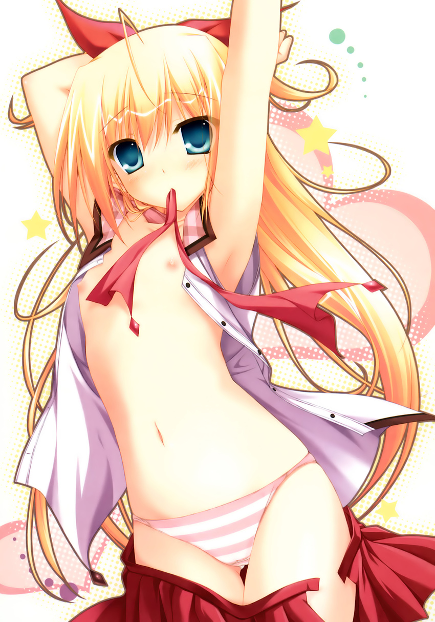 ahoge armpits arms_up blonde_hair blue_eyes chikotam flat_chest hair_ribbon highres long_hair magicarat_radiant mouth_hold navel nipples open_clothes open_shirt panties ribbon ryshell_burns shirt solo striped striped_panties underwear