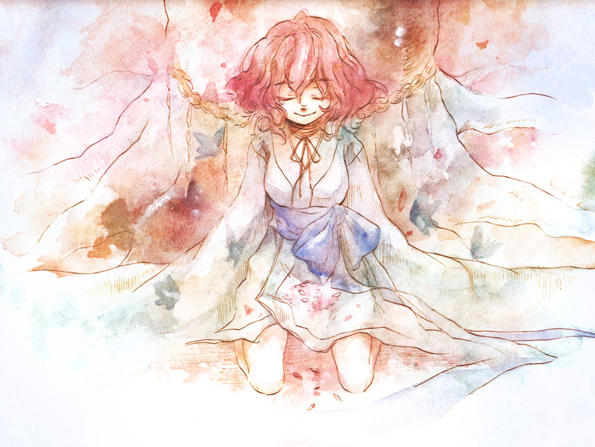 bad_id bad_pixiv_id bug butterfly campanula-star cherry_blossoms closed_eyes insect japanese_clothes kimono no_hat no_headwear petals pink_hair saigyouji_yuyuko saigyouji_yuyuko_(living) solo touhou traditional_media tree watercolor_(medium)