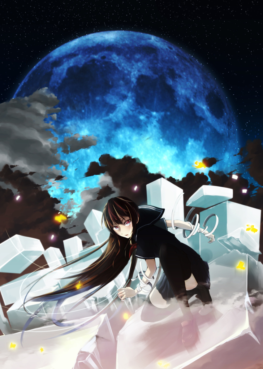 bad_id bad_pixiv_id bandages black_legwear brown_hair full_moon haz_first_music highres long_hair moon multicolored multicolored_eyes original school_uniform serafuku sky solo star star_(sky) starry_sky thighhighs