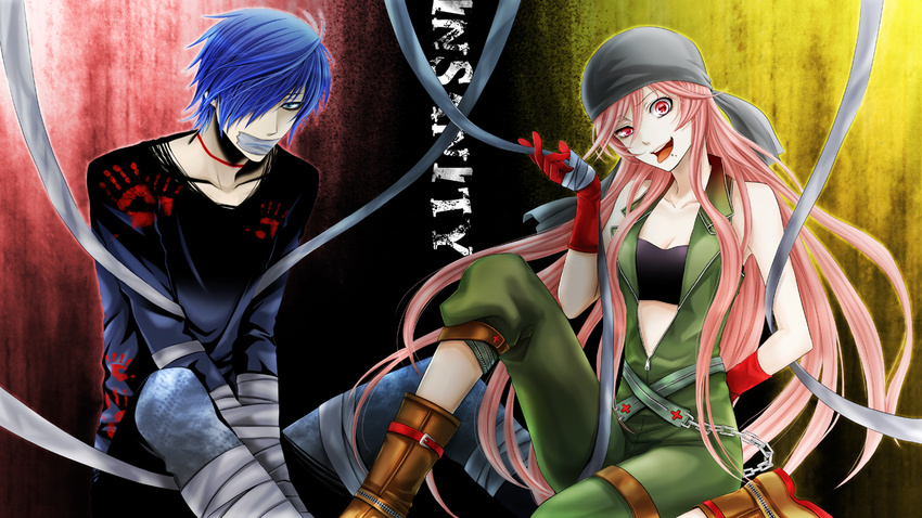 1girl arm_behind_back bandana bare_shoulders black_bra black_shirt blue_hair boots bound bound_arms bra breasts brown_footwear chain choker cleavage collarbone covered_mouth denim eyeliner gag gloves green_jumpsuit hair_between_eyes hair_over_one_eye hand_print head_tilt improvised_gag insanity_(vocaloid) jeans jumpsuit kaito knee_up long_hair long_sleeves looking_at_viewer makeup medium_breasts one_eye_covered open_mouth pants piercing pink_hair red_background red_eyes red_gloves sf-a2_miki shirt sitting sleeveless song_name sports_bra straight_hair tape tape_gag tongue tongue_out torn_clothes torn_shirt two-tone_background underwear uneven_eyes unzipped v_arms vocaloid wool_(kurokrkr) yellow_background