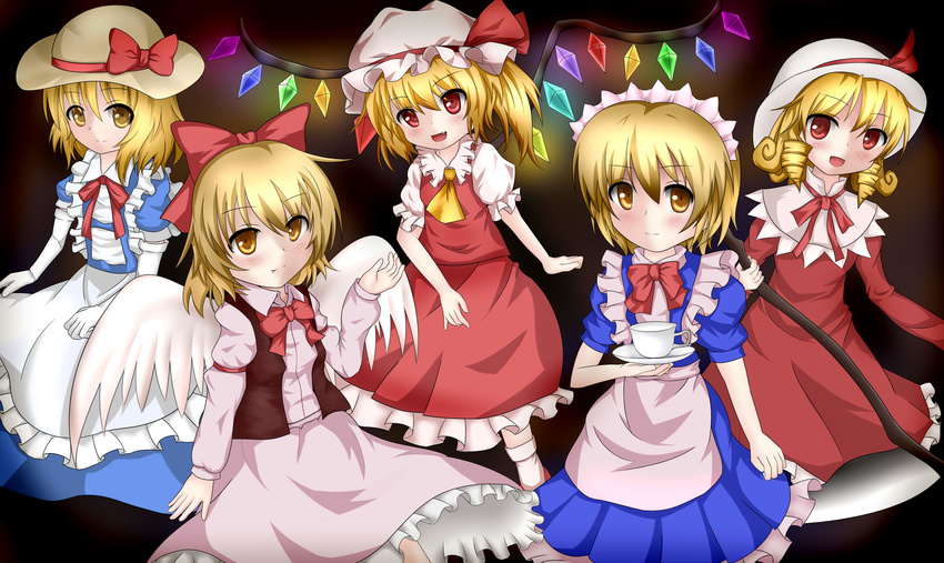 ascot blonde_hair bow color_connection cup elbow_gloves elly fang flandre_scarlet gengetsu gloves hair_color_connection hat highres kana_anaberal look-alike maid maid_headdress mugetsu multiple_girls red_bow red_eyes ribbon saucer scythe short_hair teacup touhou touhou_(pc-98) wings yellow_eyes yuyumi_(yuurei)