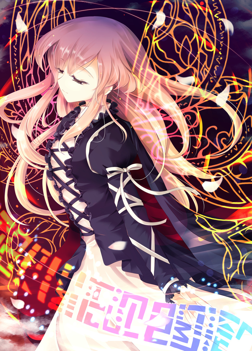 blonde_hair cetera dress eyelashes gradient_hair highres hijiri_byakuren long_hair magic_circle multicolored_hair purple_eyes purple_hair ribbon scroll smile solo sorcerer's_sutra_scroll touhou two-tone_hair