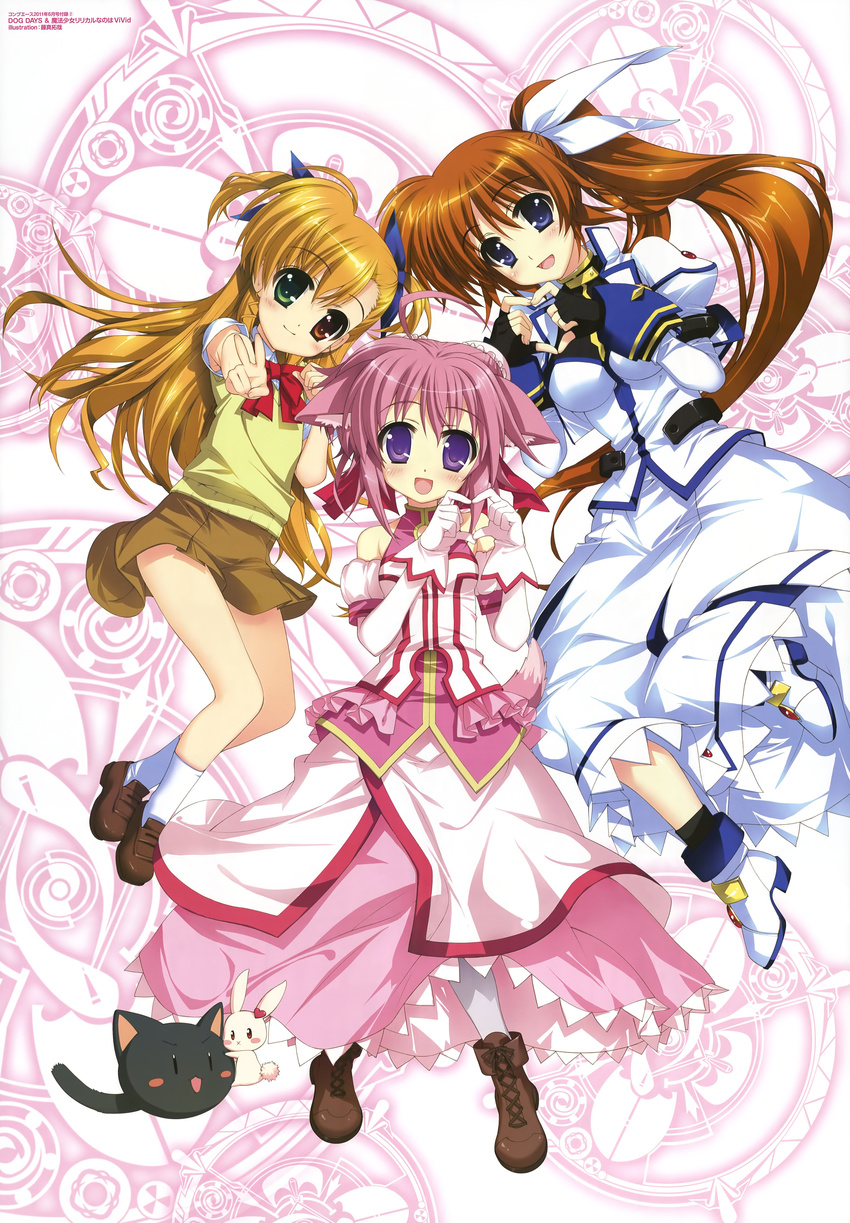 absurdres ahoge animal_ears brown_hair cat company_connection crossover dog_days dog_ears fingerless_gloves fujima_takuya gloves green_eyes heart heart_hands highres legs long_hair looking_at_viewer lyrical_nanoha magical_girl mahou_shoujo_lyrical_nanoha mahou_shoujo_lyrical_nanoha_strikers mahou_shoujo_lyrical_nanoha_vivid millhiore_f_biscotti multiple_girls non-web_source official_art open_mouth pink_hair ponytail purple_eyes red_eyes sacred_heart scan seven_arcs short_hair side_ponytail smile socks tail takamachi_nanoha tareme v very_long_hair vivio