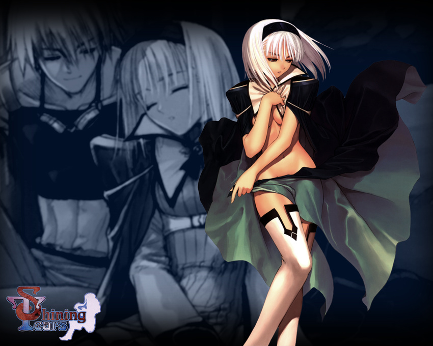1girl abs against_tree aira_blanc_neige_galdinius albino aqua_cape armlet bangs blue_cape blue_hairband blurry blurry_background breasts breasts_apart brooch brother_and_sister cape cape_lift closed_eyes closed_mouth collarbone copyright_name covering covering_breasts crop_top dress feet_out_of_frame floating_hair gem goggles goggles_around_neck gradient groin hair_between_eyes hairband half-closed_eyes hand_on_own_chest hips holding holding_cape jewelry keiner_flamberge_galdinius legs_together light_smile logo long_sleeves looking_away looking_down medium_breasts medium_hair monochrome_background multicolored multicolored_clothes multiple_views naked_cape navel nude_cover official_art outdoors pants parted_lips popped_collar red_eyes ribbed_dress ribbon sapphire_(stone) shining_(series) shining_tears short_dress shoulder_pads siblings sitting skirt sleeping smile standing straight_hair tanaka_takayuki tank_top thighhighs toned tree turtleneck underboob underbust wallpaper white_hair white_legwear wind wind_lift