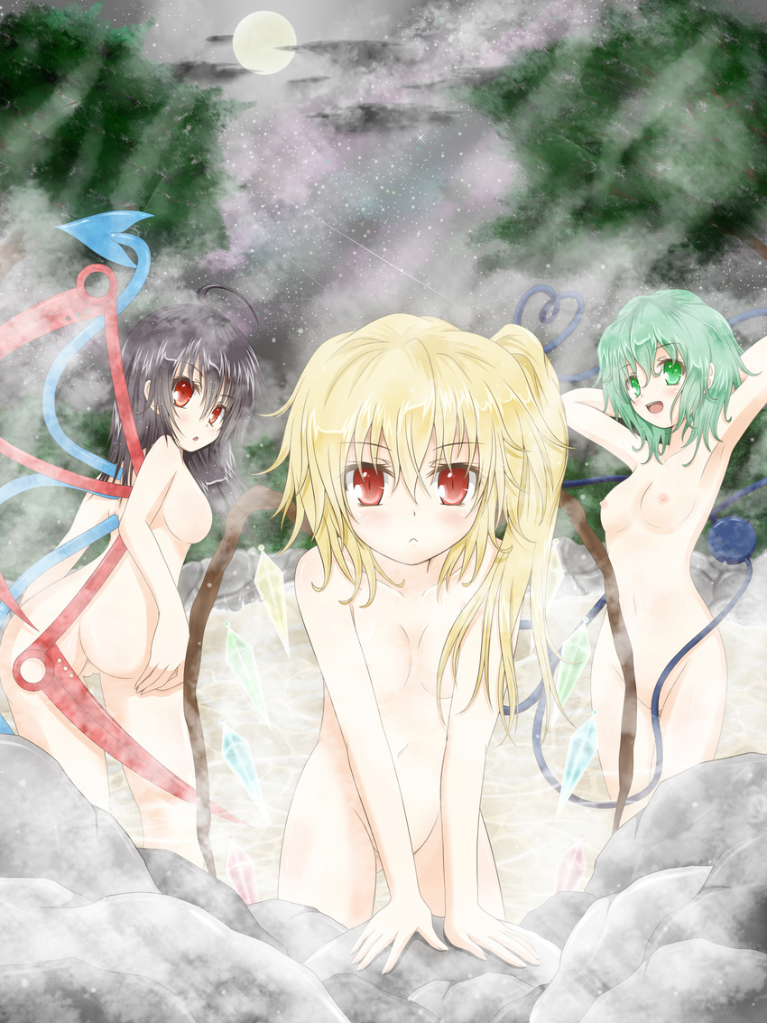 :&lt; ahoge armpits arms_up ass asymmetrical_wings bad_id bad_pixiv_id black_hair blonde_hair blush breasts flandre_scarlet full_moon green_eyes green_hair groin highres houjuu_nue komeiji_koishi leaning_forward looking_back moon multiple_girls navel nipples nude onsen pussy red_eyes slit_pupils small_breasts stage_connection steam toranashi touhou wings
