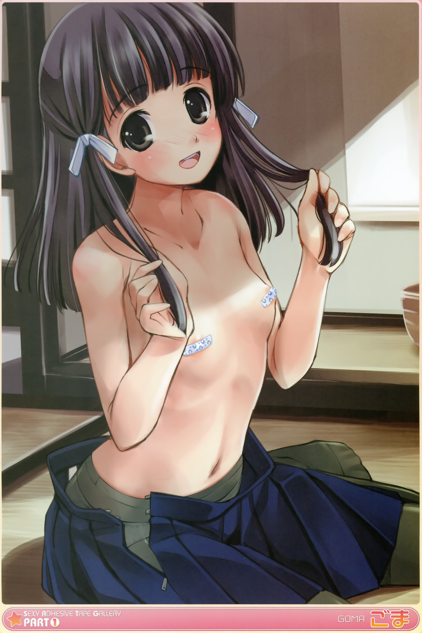 :d absurdres artist_name black_eyes black_hair blush border collarbone goma_(matsuiya) highres holding navel open_mouth original panties panties_under_pantyhose pantyhose pasties scan sitting skirt skirt_removed smile solo stomach topless underwear white_panties