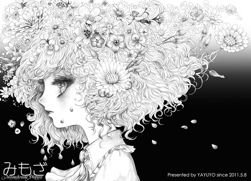 ascot bad_id bad_pixiv_id eyelashes face flower greyscale hair_flower hair_ornament kazami_yuuka monochrome petals portrait profile solo sunflower takatora touhou tulip