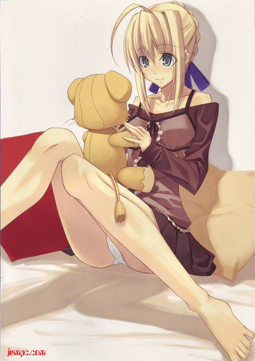 artoria_pendragon_(all) bed blonde_hair casual duplicate fate/stay_night fate_(series) highres panties pantyshot saber shingo_(missing_link) solo stuffed_animal stuffed_toy teddy_bear underwear