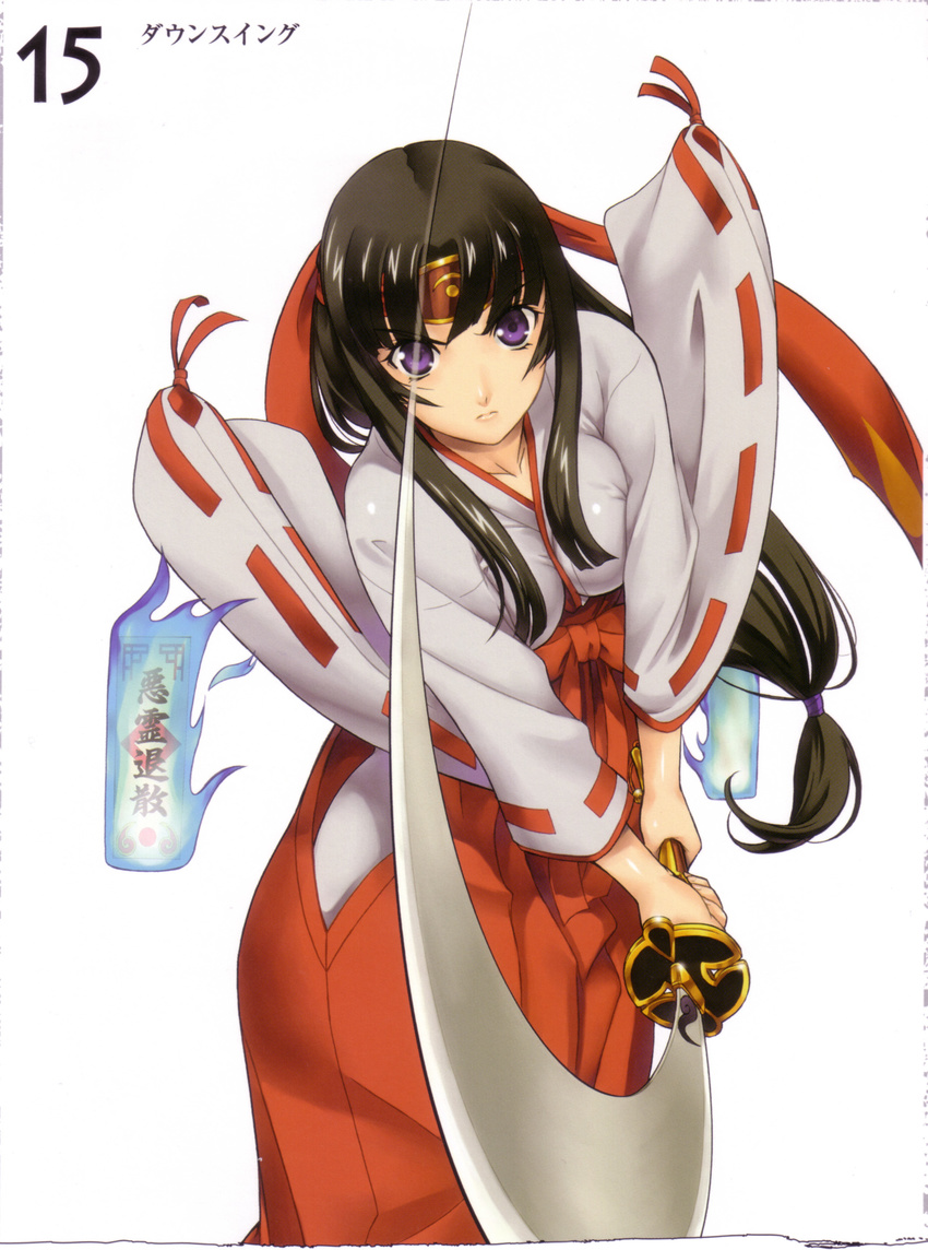 absurdres black_hair eiwa hakama headband highres japanese_clothes long_hair low-tied_long_hair miko ofuda purple_eyes queen's_blade red_hakama ribbon-trimmed_sleeves ribbon_trim solo sword tomoe weapon