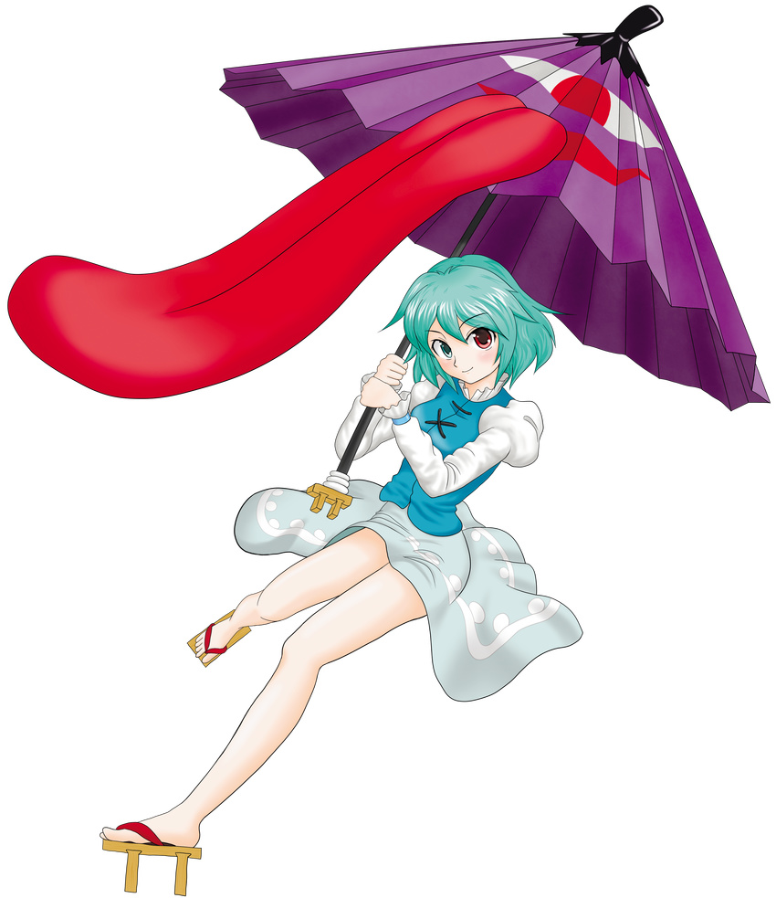 aaru_(r-kun) absurdres geta green_hair heterochromia highres karakasa_obake oriental_umbrella short_hair solo tatara_kogasa tongue touhou transparent_background umbrella