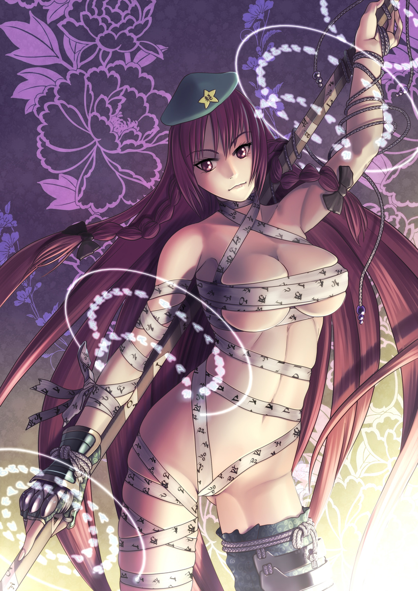 absurdres beret bow braid breasts cleavage flower gauntlets hair_bow hat highres hong_meiling long_hair magic_circle medium_breasts naked_ribbon nude polearm raybar red_eyes red_hair ribbon rope single_thighhigh solo thighhighs touhou twin_braids very_long_hair weapon